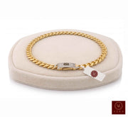 Monaco Chain™ Classic Pavé Lock Cuban link bracelet in 14K real yellow gold, 9mm width, displayed on a professional white jewelry pillow by Veka Jewelry