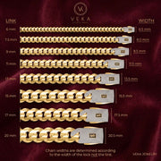 Official Veka Jewelry size and width chart for Monaco Chain™ Miami Cuban links, comparing link sizes from 6mm up to 20mm  premium locks. All these in genuine certified Gold in 10K and 14K
