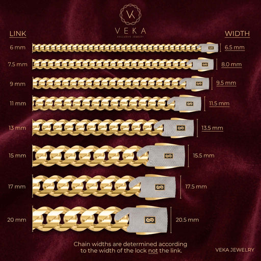 Official Veka Jewelry size and width chart for Monaco Chain™ Miami Cuban links, comparing link sizes from 6mm up to 20mm  premium locks. All these in genuine certified Gold in 10K and 14K