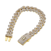 Top-down view of the 10K gold Monaco Chain Edge full pavé bracelet, focusing on the intricate diamond pavé settings and the gold-detailed rectangular clasp