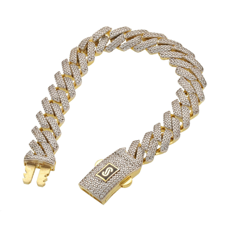 Top-down view of the 10K gold Monaco Chain Edge full pavé bracelet, focusing on the intricate diamond pavé settings and the gold-detailed rectangular clasp