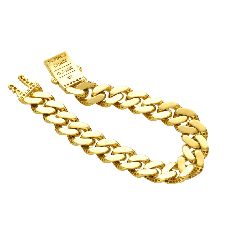 Detailed macro view of the ultra-secure double click box clasp on a 10K yellow gold Monaco Chain bracelet, engineered for superior strength.