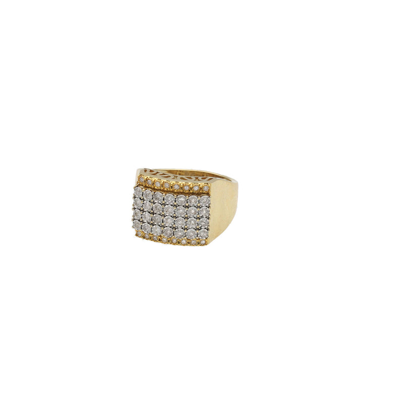Top-down view of a rectangular men's statement ring in 10k gold featuring a brilliant natural diamond pave face
