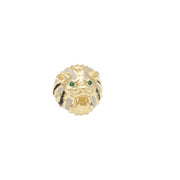 Direct front view of the lion face ring highlighting the sparkling pave cubic zirconia and piercing green eyes