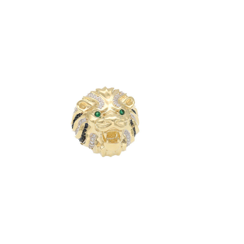 Direct front view of the lion face ring highlighting the sparkling pave cubic zirconia and piercing green eyes