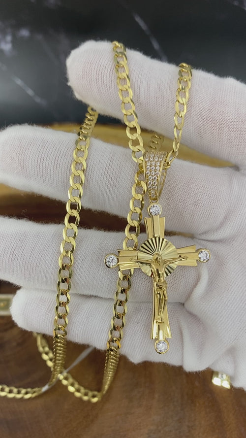 Beautiful video of  10K Gold Necklace Set with Jesus Cross on white glove hand.