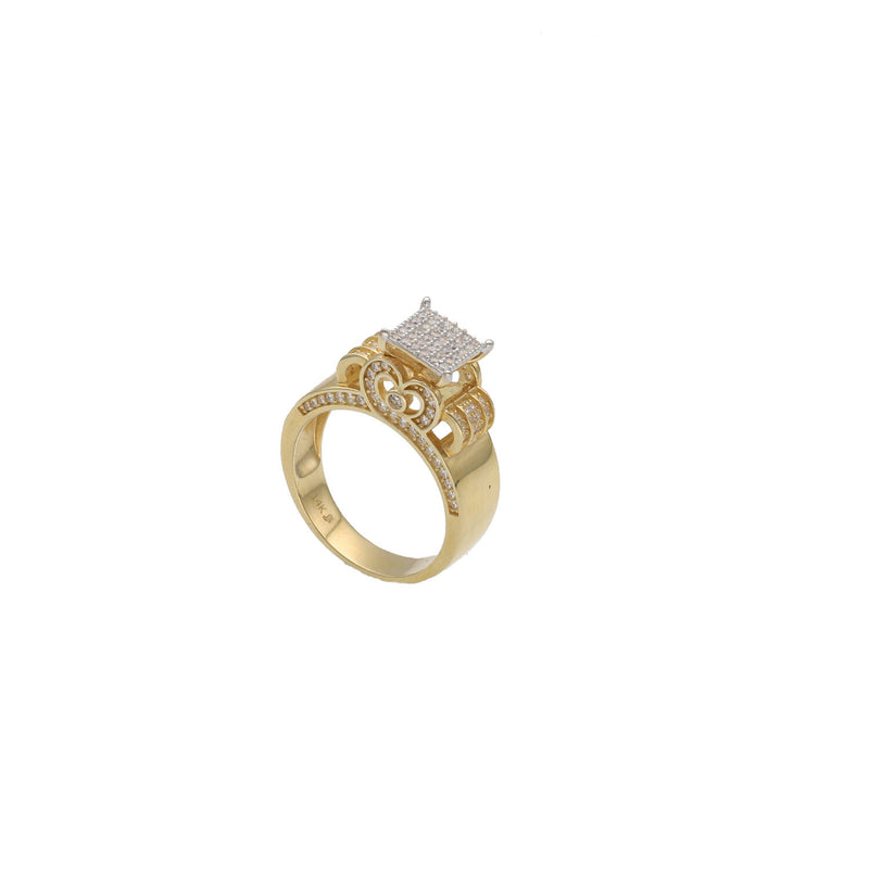 Front view of a wide-band 14K yellow gold wedding ring with a square princess-cut cubic zirconia setting