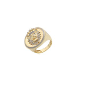 Profile view of a heavy VEKA men's gold signet ring showcasing the thickness of the band, the intricate side detailing, and the depth of the sculpted diamond-set lion face