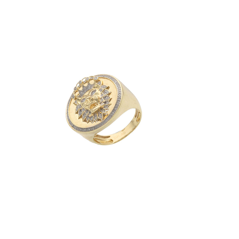 Profile view of a heavy VEKA men's gold signet ring showcasing the thickness of the band, the intricate side detailing, and the depth of the sculpted diamond-set lion face