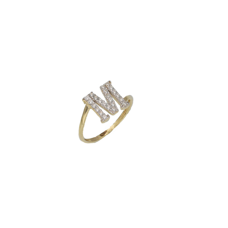 A yellow gold ring with a single initial 'M' adorned with zirconia stones.