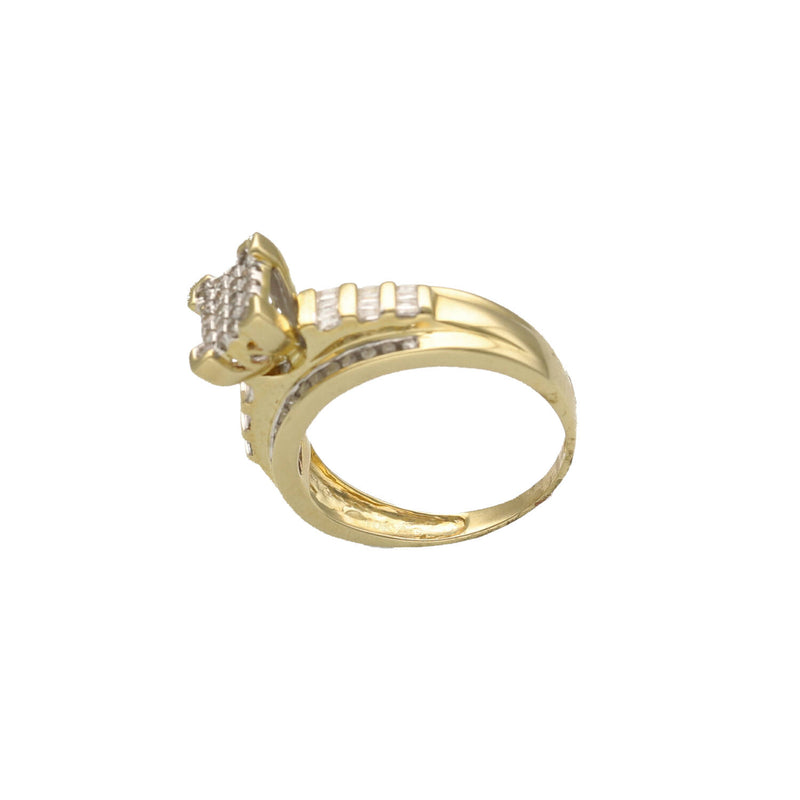 A back view of the 10k yellow gold diamond engagement ring. This shot shows the solid, comfortable-fit polished gold shank at the base of the finger and provides a unique angle on how the two bands seamlessly integrate, demonstrating the substantial 4.2-gram construction