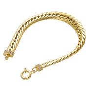 Side view of a 7-inch 14K gold link bracelet showing the unique round spring lock mechanism and pave-set zirconia stones on the terminal caps.