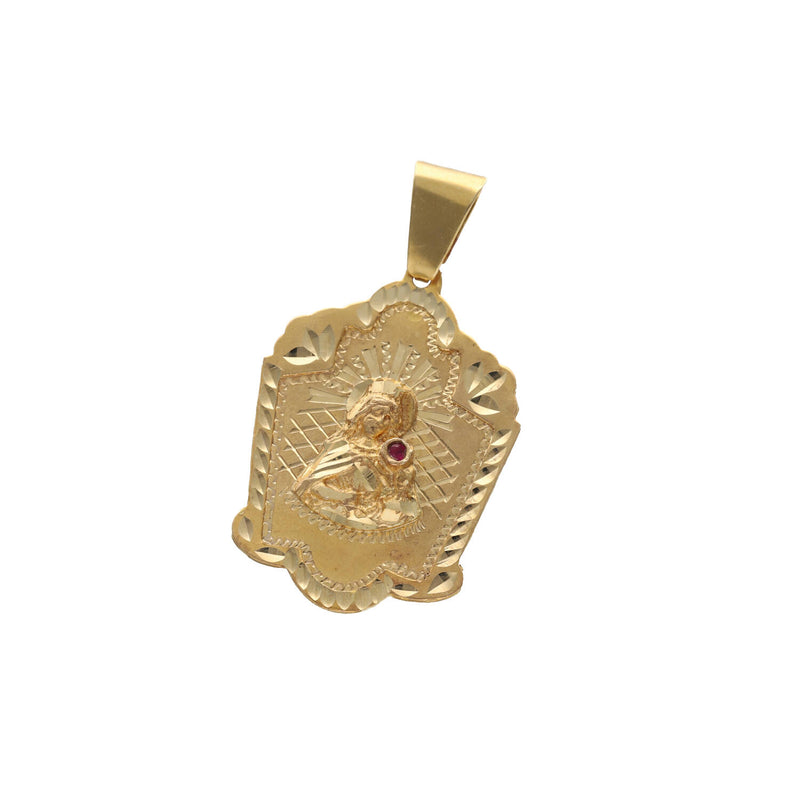 Angled front view of solid yellow gold Santa Barbara religious medallion charm showing diamond cut edges and polished bail