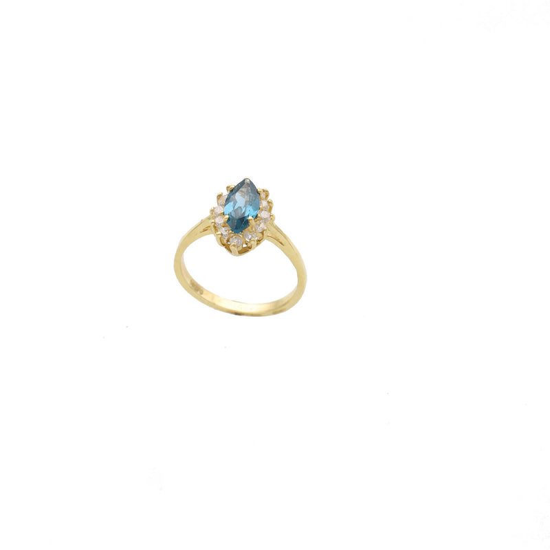 14K yellow gold blue zircon ring with clear accent stones in halo setting - sapphire blue birthstone ring by VEKA JEWELRY