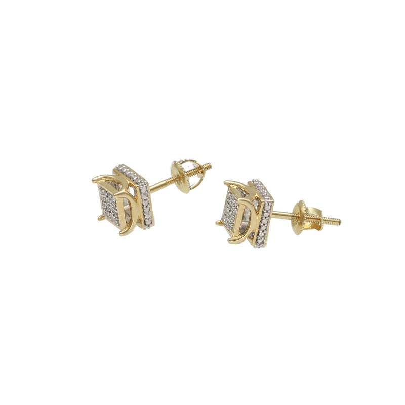 A side close up of a pair of 10 karat gold square earrings with diamond inlays,  showing the 4 corner point of crown design and the super safe screw back closure.