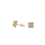 A side close up of a pair of 10 karat gold square earrings with diamond inlays,  showing the 4 corner point of crown design and the super safe screw back closure.