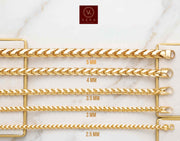 Width comparison display of solid 10K yellow gold Franco chains from 2.5mm to 5.3mm by Veka Jewelry
