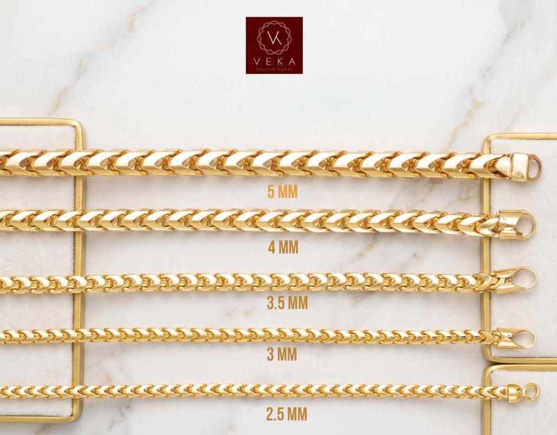 Width comparison display of solid 10K yellow gold Franco chains from 2.5mm to 5.3mm by Veka Jewelry