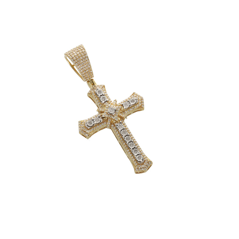 Side perspective view of solid 10K yellow gold 0.45 carat natural diamond flared cross pendant for men and women