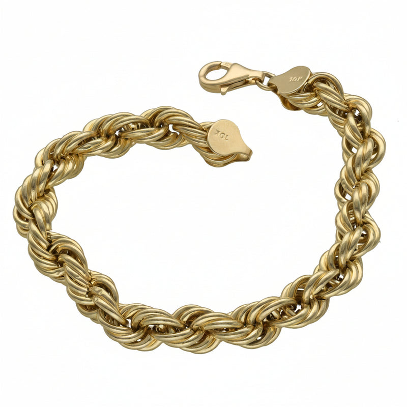 Top view of a lightweight 10K yellow gold 8mm hollow rope chain bracelet showcasing the lobster clasp