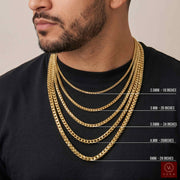 A close-up of a man's neck and lower face wearing five layered 10 k Real gold  Franco Round chains of varying thicknesses over a black shirt. White text overlays list chain widths and corresponding lengths, and a Veka Jewelry logo appears in the bottom right corner.
