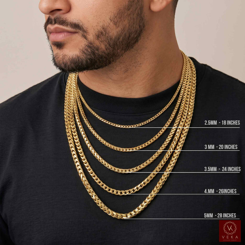 A close-up of a man's neck and lower face wearing five layered 10 k Real gold  Franco Round chains of varying thicknesses over a black shirt. White text overlays list chain widths and corresponding lengths, and a Veka Jewelry logo appears in the bottom right corner.