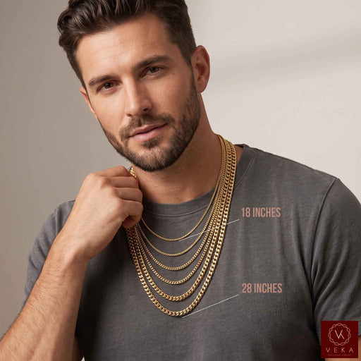Layered solid 10K yellow gold Franco chain necklaces worn on male model showing 18 to 28-inch lengths | Veka Jewelry
