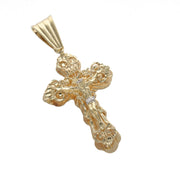 Front view of solid 10K yellow gold nugget-edged crucifix pendant with detailed Jesus corpus