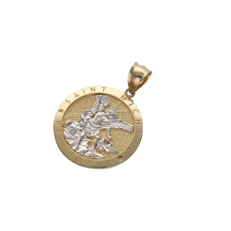 Front view of solid two-tone gold Saint Michael Archangel Pray For Us round medallion pendant with large custom bail.