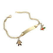 A 14 karat gold ID baby bracelet with a Cuban link chain design, featuring taz and Bugs Bunny charm, and a customizable ID plate.