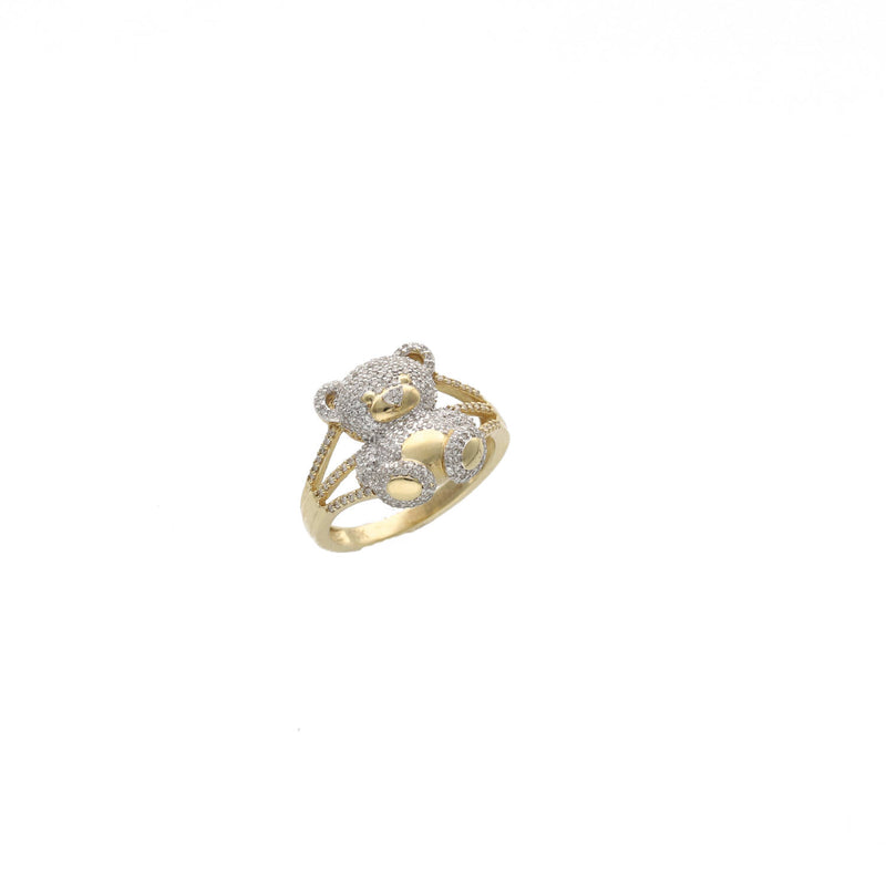 Side profile of the 10k gold bear ring showing the intricate diamond setting and polished gold band