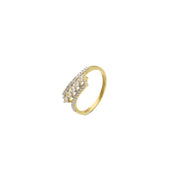 Isometric studio product view of a geometric, triple-row wedding band for women, showcasing pave-set natural SI diamonds totaling 1/3 ctw in a polished 10 karat yellow gold setting