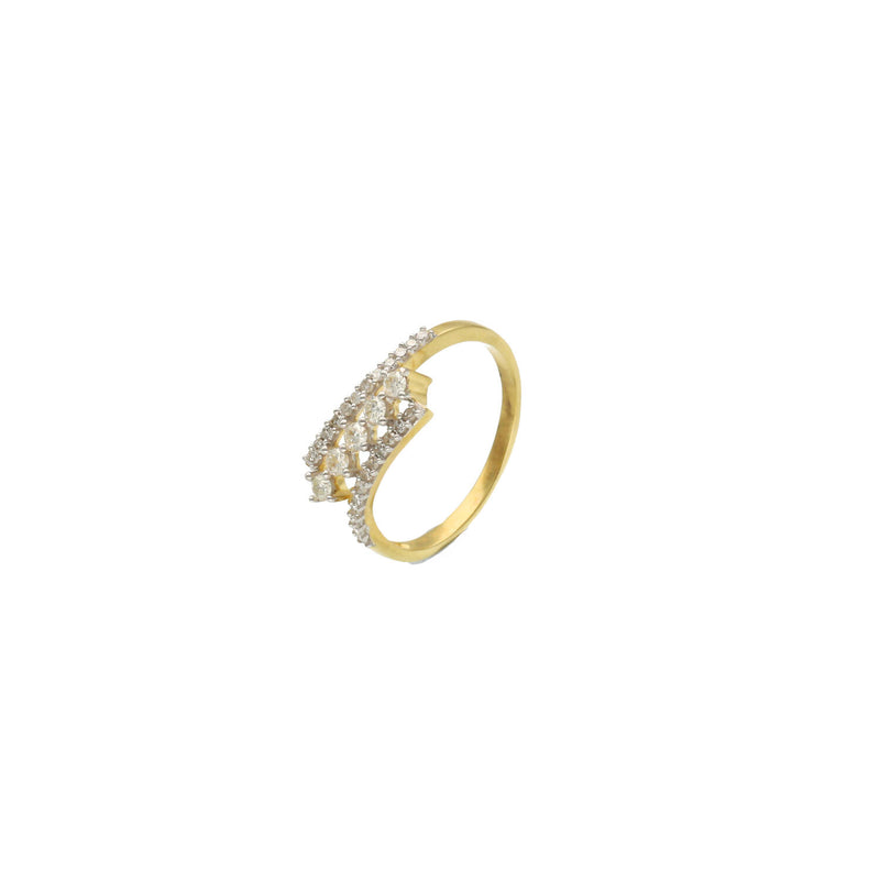 Isometric studio product view of a geometric, triple-row wedding band for women, showcasing pave-set natural SI diamonds totaling 1/3 ctw in a polished 10 karat yellow gold setting