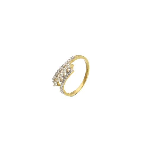 Isometric studio product view of a geometric, triple-row wedding band for women, showcasing pave-set natural SI diamonds totaling 1/3 ctw in a polished 10 karat yellow gold setting