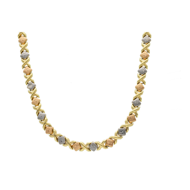 18-inch tricolor Stampato chain in 14K yellow, rose, and white gold, 7.3mm width.
