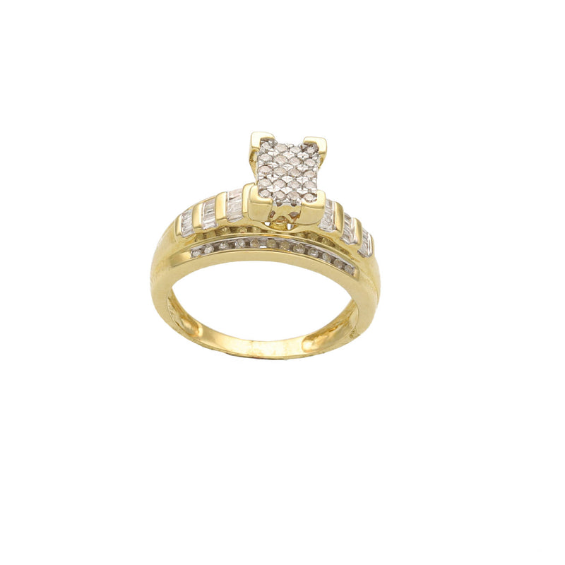 A top-down, front-facing view of the 10k yellow gold diamond ring. This perspective emphasizes the square composite cluster of brilliant round diamonds and the symmetrical arrangement of sparkling baguette diamonds channel-set along the shanks. The dual-band effect is the central focus