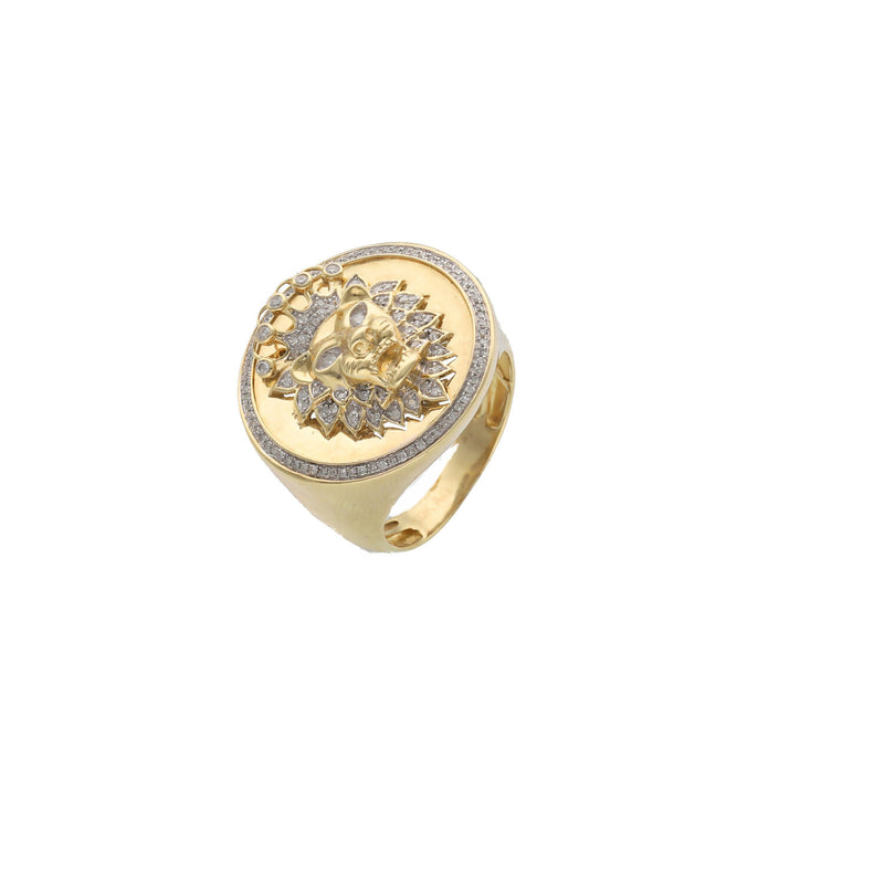 op-down view of an iced-out men's Medusa-style lion ring in 14k gold, highlighting the intricate pave diamond placement across the entire face and surrounding frame