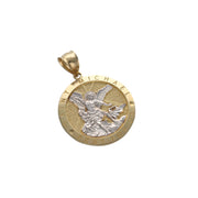 Close-up detail of textured white gold Saint Michael figure on polished yellow gold border medal.