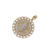A focused three-quarter product shot of the 14K Gold Virgen de Guadalupe Pendant, clearly showcasing the texture, depth, side profile, and the brilliant cut of the pave cubic zirconia stones in the frame