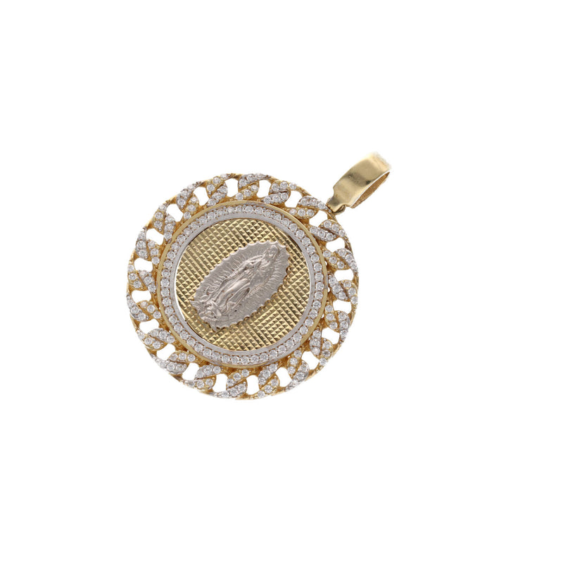 A focused three-quarter product shot of the 14K Gold Virgen de Guadalupe Pendant, clearly showcasing the texture, depth, side profile, and the brilliant cut of the pave cubic zirconia stones in the frame