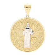 Front face of the two-tone 10K or 14K gold Saint Benedict medal pendant featuring San Benito Abad in white relief.