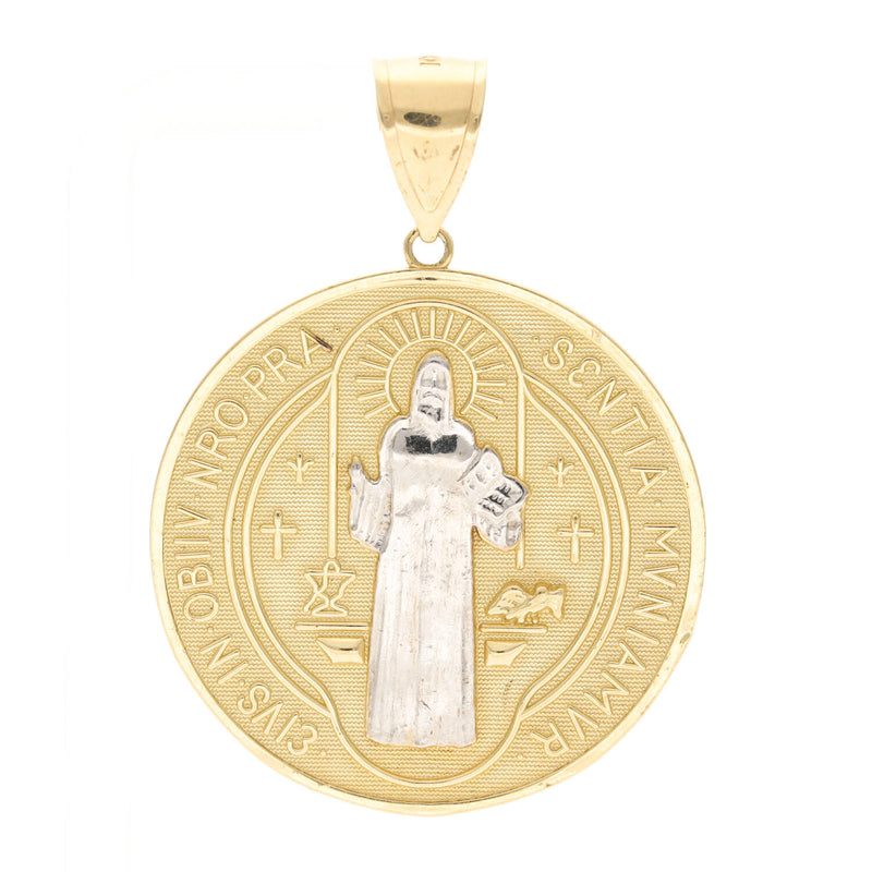 Front face of the two-tone 10K or 14K gold Saint Benedict medal pendant featuring San Benito Abad in white relief.