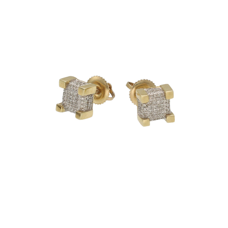 Macro close-up detail of the micro-pave diamond cluster on a 10k yellow gold square stud earring post