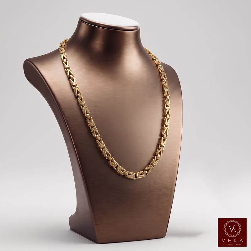 A Veka Jewelry 14k solid gold Byzantine link chain necklace displayed on a professional brown jewelry bust against a neutral background.