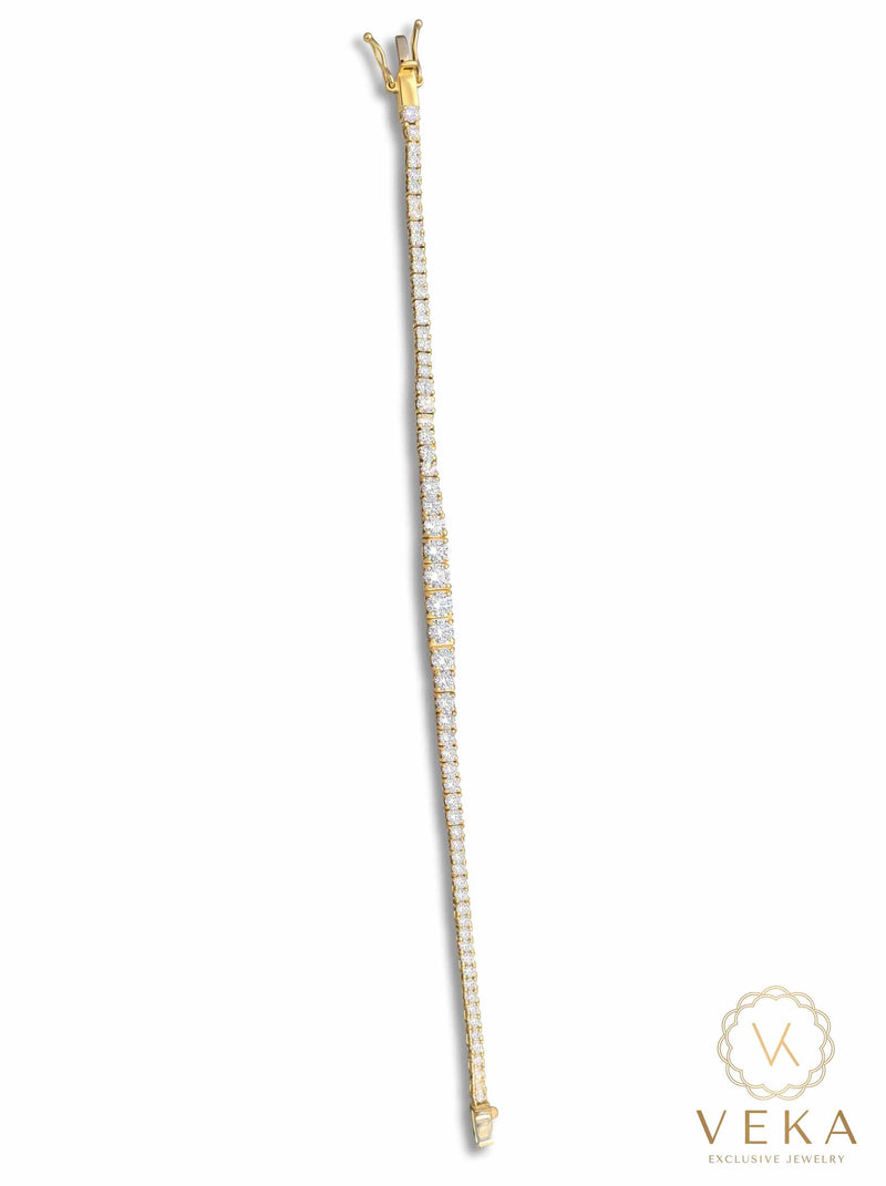 Full length 7.5 inch 14K yellow gold graduated tennis bracelet showing 10.4g prong link setting and single box lock closure - Veka Jewelry