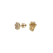 Side angle of a pair of Men's 10K Yellow Gold Moissanite Cluster Stud Earrings, displaying the screw-back fastening