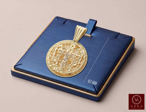 10K solid yellow gold crucifix globe nugget medallion pendant 62mm displayed on luxury blue jewelry tray by Veka Jewelry