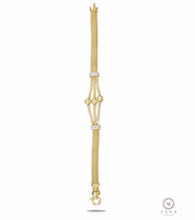 14K yellow gold popcorn chain bracelet with diamond-cut moon beads and CZ accents isolated on pure white background by Veka Jewelry