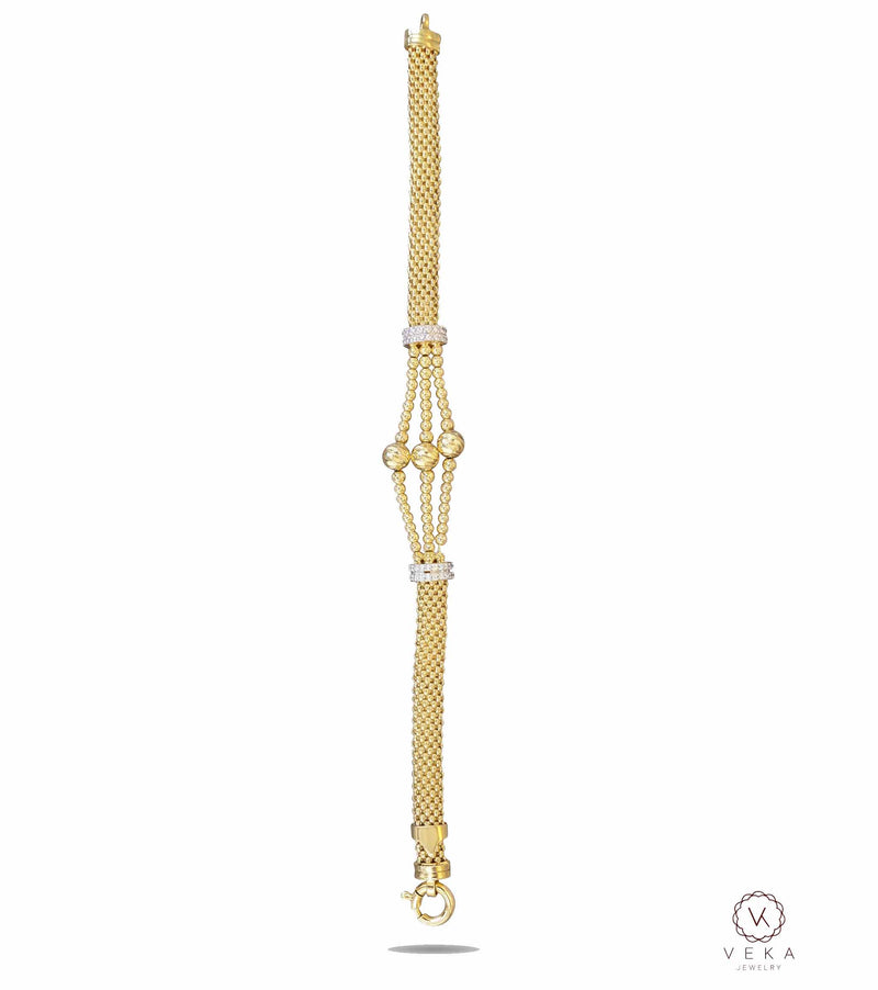14K yellow gold popcorn chain bracelet with diamond-cut moon beads and CZ accents isolated on pure white background by Veka Jewelry