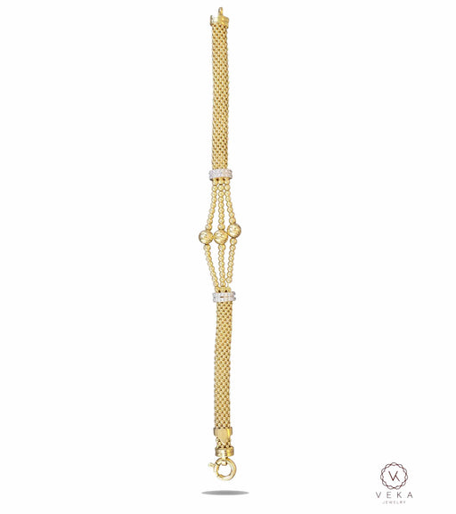 14K yellow gold popcorn chain bracelet with diamond-cut moon beads and CZ accents isolated on pure white background by Veka Jewelry
